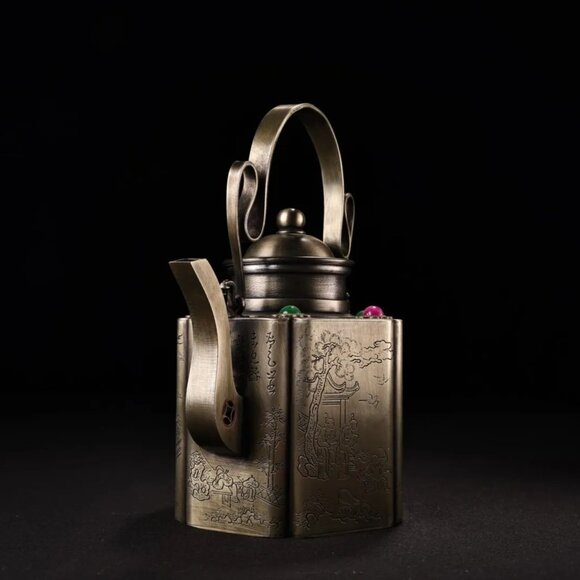 Vintage Chinese White Copper Inlay Gems Handle Teapot - Picture 3 of 10